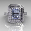 Modern 14K White Gold 1.0 CT Emerald Cut Blue Topaz 0.40 CTW Round Pave Diamond Double Halo Ring R83-14WGDBT-2