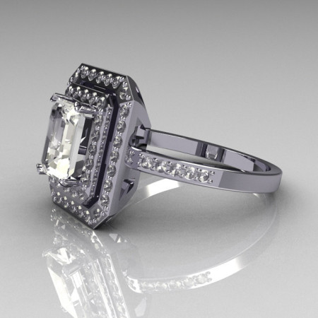 Modern Vintage 14K White Gold 1.0 CT Emerald Cut and Round Pave CZ Double Halo Ring R83-14WGCZ-1