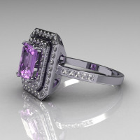 Modern 10K White Gold 1.0 CT Emerald Cut Lilac Amethyst Pave CZ Double Halo Ring R83-10WGLACZ-1
