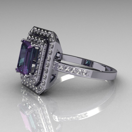 14K White Gold 1.0 CT Emerald Cut Alexandrite Round Pave Diamond Classic Double Halo Ring R83-14WGDDAL-1