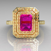 Royal 18K Yellow Gold 1.0 CT Emerald Cut Pink Sapphire Pave Diamond Double Halo Ring R83-18YGDPS-1