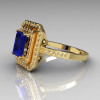 Royal 18K Yellow Gold 1.0 CT Emerald Cut Blue Sapphire Pave Diamond Double Halo Ring R83-18YGDBS-2