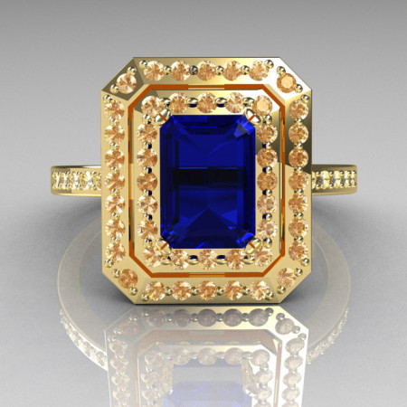 Royal 18K Yellow Gold 1.0 CT Emerald Cut Blue Sapphire Pave Diamond Double Halo Ring R83-18YGDBS-1