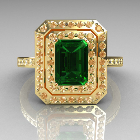 Royal 18K Yellow Gold 1.0 CT Emerald Cut Emerald Pave Diamond Double Halo Ring R83-18YGDEM-1