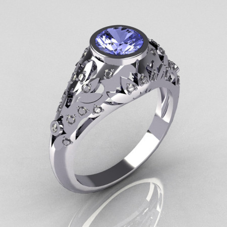 Classic French 14K White Gold 0.65 Carat Blue Topaz Pave Diamond Designer Ring R302-14WGDBT-1