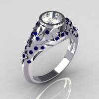 Modern Antique 14K White Gold 0.65 Carat White CZ Pave Sapphire Designer Ring R302-14WGCZBS-1