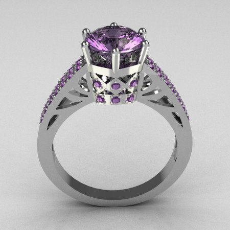 Hurro Armenian Antique 18K White Gold 1.25 Carat Round and Pave Lilac Amethyst Solitaire Ring Y233-18KWGLA-1