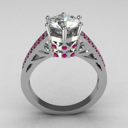 Hurro Armenian Antique 18K White Gold 1.25 Carat Round CZ Pave Pink Sapphire Solitaire Ring Y233-18KWGCZPS-1