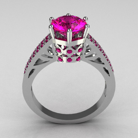 Hurro Armenian Antique 18K White Gold 1.25 Carat Round and Pave Pink Sapphire Solitaire Ring Y233-18KWGPS-1