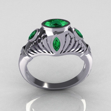 Greco Roman Classic 18K White Gold Marquise Emerald Designer Engagement Ring Y234-18KWGEM-1