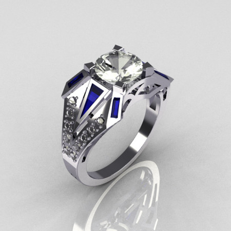Modern Edwardian 950 Platinum 1.50 CT Round CZ Baguette Sapphire 0.20 Ctw Diamond Bridal Ring R85-PLATDBSCZ-1