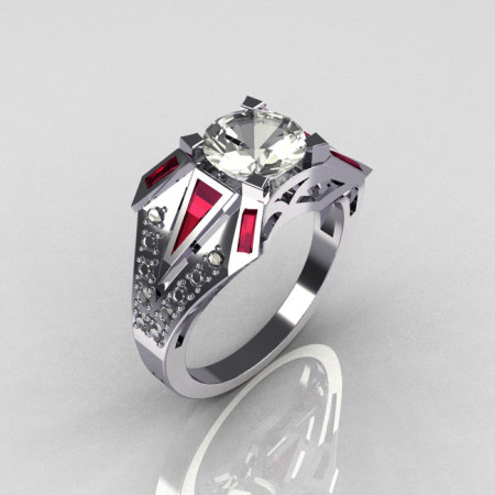 Modern Edwardian 950 Platinum 1.50 CT Round CZ Baguette Red Garnet 0.20 Ctw Diamond Bridal Ring R85-PLATDRGCZ-1