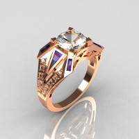 Modern Edwardian 10K Rose Gold 1.50 CT Round CZ Baguette Alexandrite 0.20 Ctw Diamond Bridal Ring R85-10KDCZAL-1