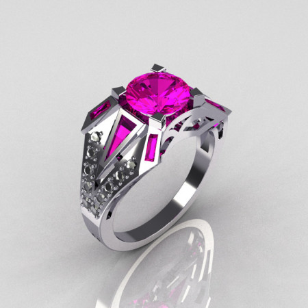 Modern Edwardian 14K White Gold 1.50 CT Round and Baguette Pink Sapphire w 0.20 Ctw Diamond Bridal Ring R85-14KDPS-1