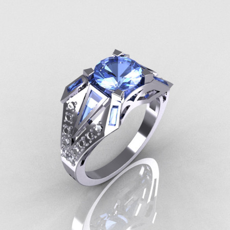 Modern Edwardian 14K White Gold 1.50 CT Round and Baguette Blue Topaz w 0.20 Ctw Diamond Bridal Ring R85-14KDBT-1