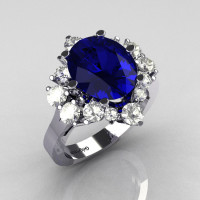 Classic 10K White Gold 4.0 Carat Oval Blue Sapphire 1.0 Carat CZ Cluster Engagement Ring R87-10KWGBTBS-1