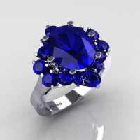 Classic 10K White Gold 4.0 Carat Oval and 1.0 Carat Round  Blue Sapphire Cluster Engagement Ring R87-10KWGBS-1