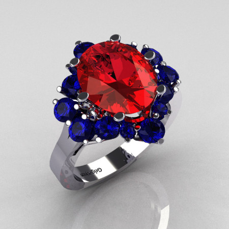 Classic 10K White Gold 4.0 Carat Oval Red Garnet and 1.0 Carat Round  Blue Sapphire Cluster Engagement Ring R87-10KWGBSRG-1