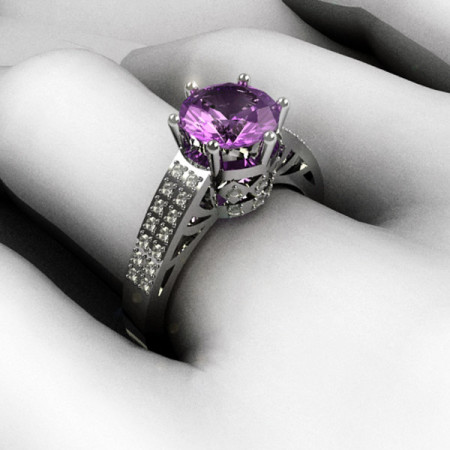 Modern Antique 18K White Gold 1.25 Carat Round Lilac Amethyst Pave 0.20 ctw Diamond Solitaire Wedding Ring Y233-18KWGDLA-1