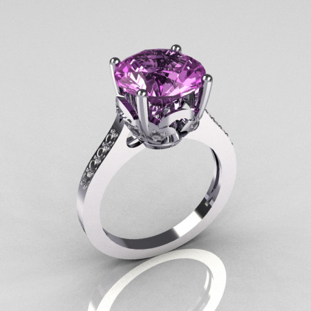 Classic 14K White Gold 3.5 Carat Lilac Amethyst Pave Diamond Solitaire Wedding Ring R301-14KWGDLA-1