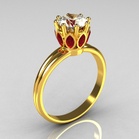 Modern Antique 22K Yellow Gold Marquise Red Rubies 1.0 CT Round Zirconia Solitaire Ring R90-22KYGCZEM-1