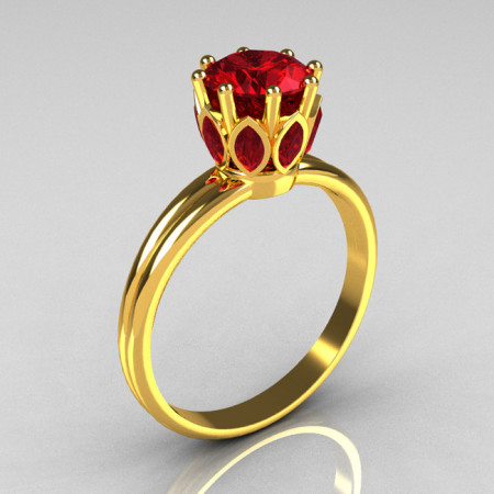 Modern Antique 22K Yellow Gold Marquise and 1.0 CT Round Red Rubies Solitaire Ring R90-22KYGRR-1