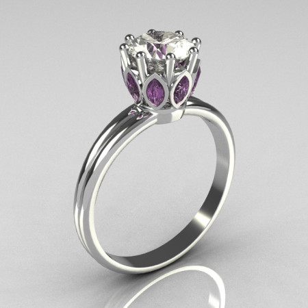 Classic 10K White Gold Marquise Lilac Amethyst 1.0 CT Round Zirconia Solitaire Ring R90-10KWGCZLA-1