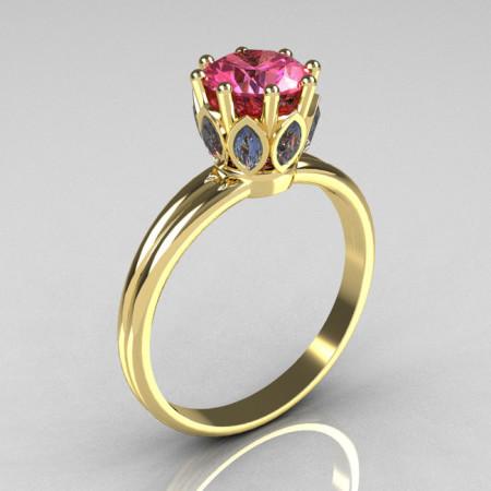 Modern Vintage 18K Yellow Gold Round and Marquise Blue and Rose Topaz Solitaire Ring R90-18KYGBRT-1