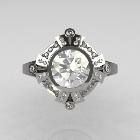 Classic 14K White Gold 1.0 Carat Round Zirconia Pave Diamond Engagement Ring R93-14WGDCZ-1