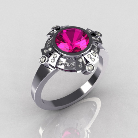 Classic 14K White Gold 1.0 Carat Round Pink Sapphire Pave Diamond Engagement Ring R93-14WGDPS-1