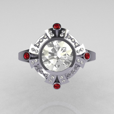 Modern Edwardian 950 Platinum 1.0 Carat Round Zirconia Pave Diamond Red Garnet Engagement Ring R93-PLATDRRCZ-1