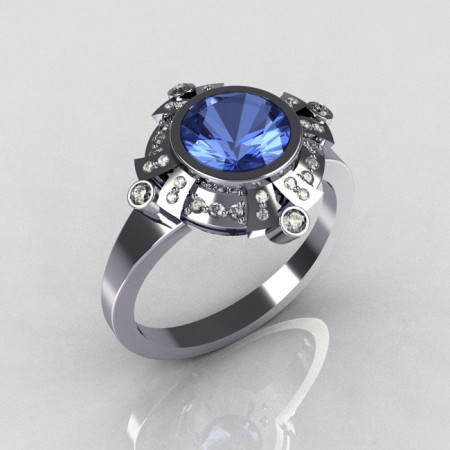 Classic 10K White Gold 1.0 Carat Round Blue Topaz Pave Diamond Engagement Ring R93-10WGDBT-1