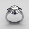 Modern Edwardian 950 Platinum 1.0 Carat Round Zirconia Pave Diamond Blue Sapphire Engagement Ring R93-PLATDBSCZ-3