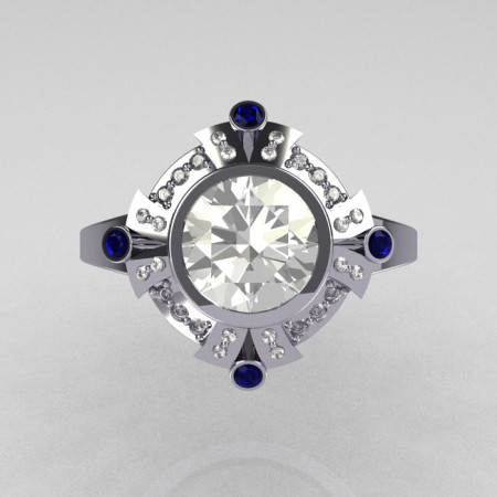 Modern Edwardian 950 Platinum 1.0 Carat Round Zirconia Pave Diamond Blue Sapphire Engagement Ring R93-PLATDBSCZ-1