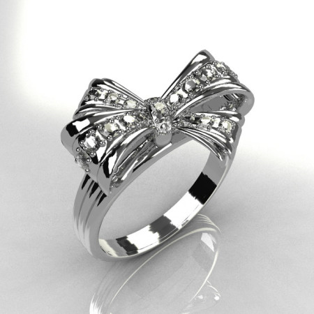 Classic Style 14 Karat White Gold Pave Diamond Ribbon Ring R92-14KWGD-2