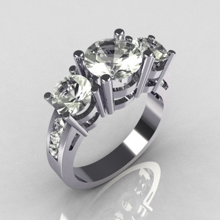 Contemporary 14K White Gold Three Stone 2.25 Carat Total Round Zirconia Accent Diamond Bridal Ring R94-14WGDCZ-1