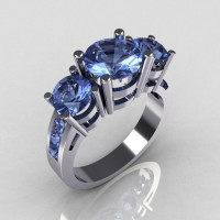 Contemporary 14K White Gold Three Stone 2.25 Carat Total Round Blue Topaz Bridal Ring R94-14WGBT-1