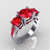 Contemporary 18K White Gold Three Stone 2.25 Carat Total Round Red Ruby Bridal Ring R94-18WGAL-2