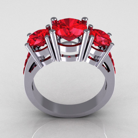 Contemporary 18K White Gold Three Stone 2.25 Carat Total Round Red Ruby Bridal Ring R94-18WGAL-1