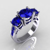 Modern 950 Platinum Gold Three Stone 2.25 Carat Total Round Blue Sapphire Bridal Ring R94-PLATBS-2
