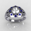Modern Edwardian 950 Platinum 1.0 Carat Round Diamond Blue Sapphire Ring Y258-PLATDBS-3