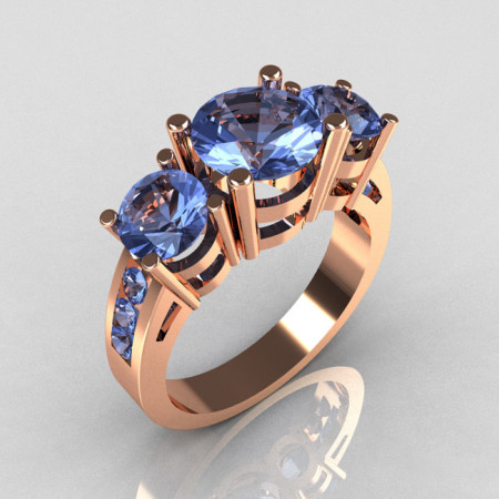 Contemporary 10K Rose Gold Three Stone 2.25 Carat Total Round Blue Topaz Bridal Ring R94-10RGDBT-1