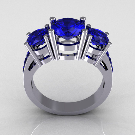 Modern 950 Platinum Gold Three Stone 2.25 Carat Total Round Blue Sapphire Bridal Ring R94-PLATBS-1
