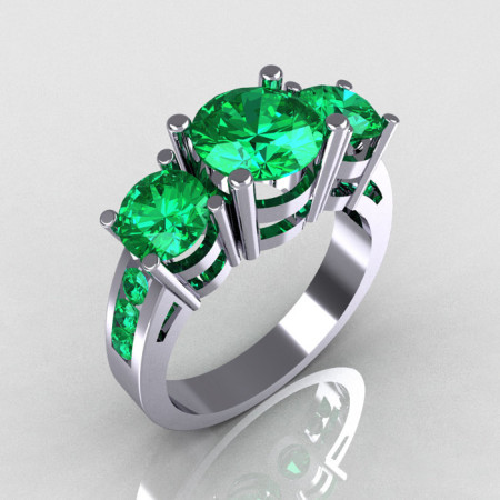 Modern 950 Platinum Gold Three Stone 2.25 Carat Total Round Emerald Bridal Ring R94-PLATEM-1