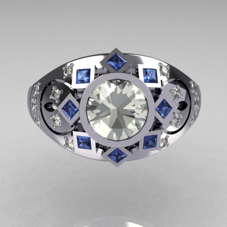 Modern Edwardian 950 Platinum 1.0 Carat Round Zirconia Pave Diamond Blue Topaz Ring Y258-PLATCZDBT-1