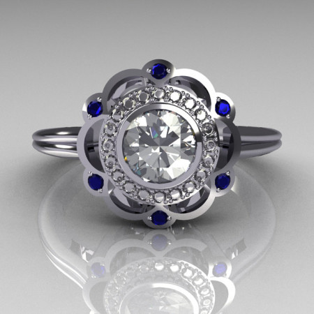 Classic 14k White 0.50 Carat Round SI-2 G-I Diamond Blue Sapphire Engagement Ring R70-14WGDBS-1
