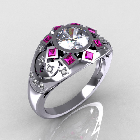 Modern Edwardian 950 Platinum 1.0 Carat Round Diamond Pink Sapphire Ring Y258-PLATDPS-1