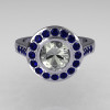 Classic Brilliant Style 14K White Gold 1.0 Carat Round CZ Accent Sapphire Bead-Set Border Engagement Ring R42-14KWGBSCZ-3