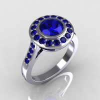 Classic Brilliant Style 14K White Gold 1.0 Carat Round Sapphire Bead-Set Border Engagement Ring R42-14KWGBS-1