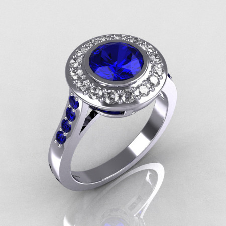 Brilliant Style 10K White Gold 1.0 Carat Round Blue Sapphire Diamond Bead-Set Border Engagement Ring R42-10KWGDBSS-1